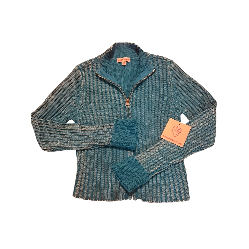 Design History Girls Ribbed Knit Zip Up Cardigan‎ Sweater Teal Blue M